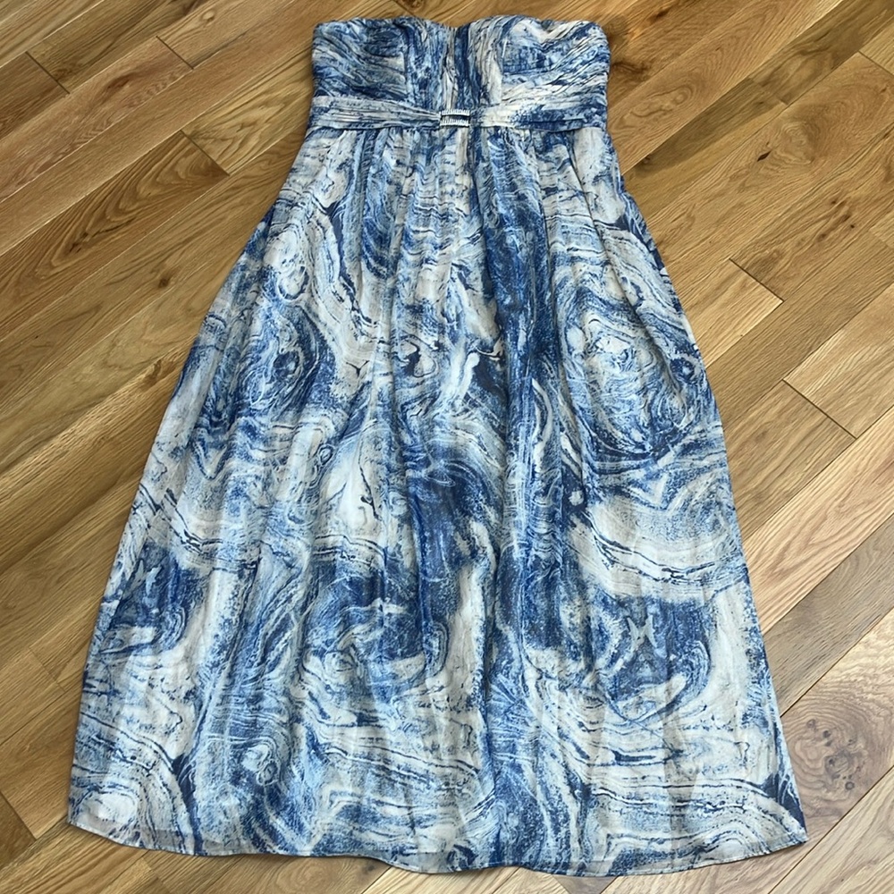 Calvin Klein strapless maxi gown sz 14, abstract blue&white print